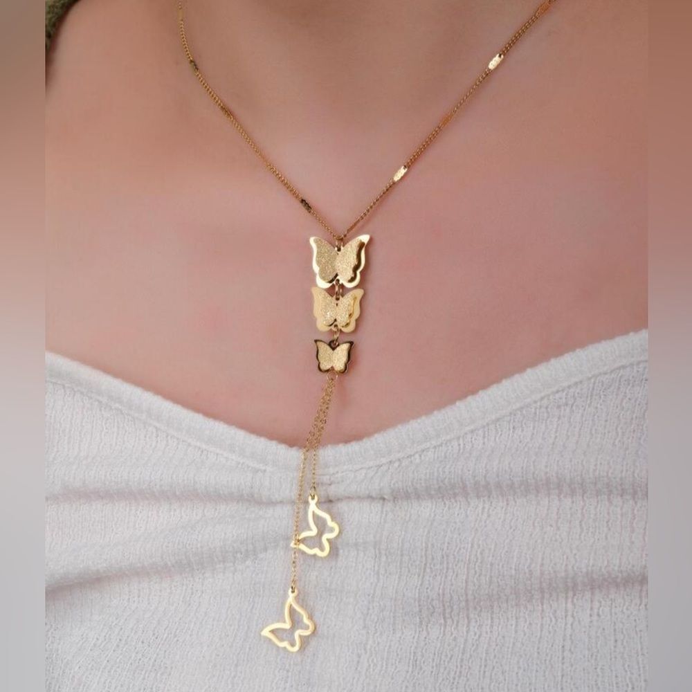 Gold Plated Stainless Steel Butterfly Charm Lariat Necklace